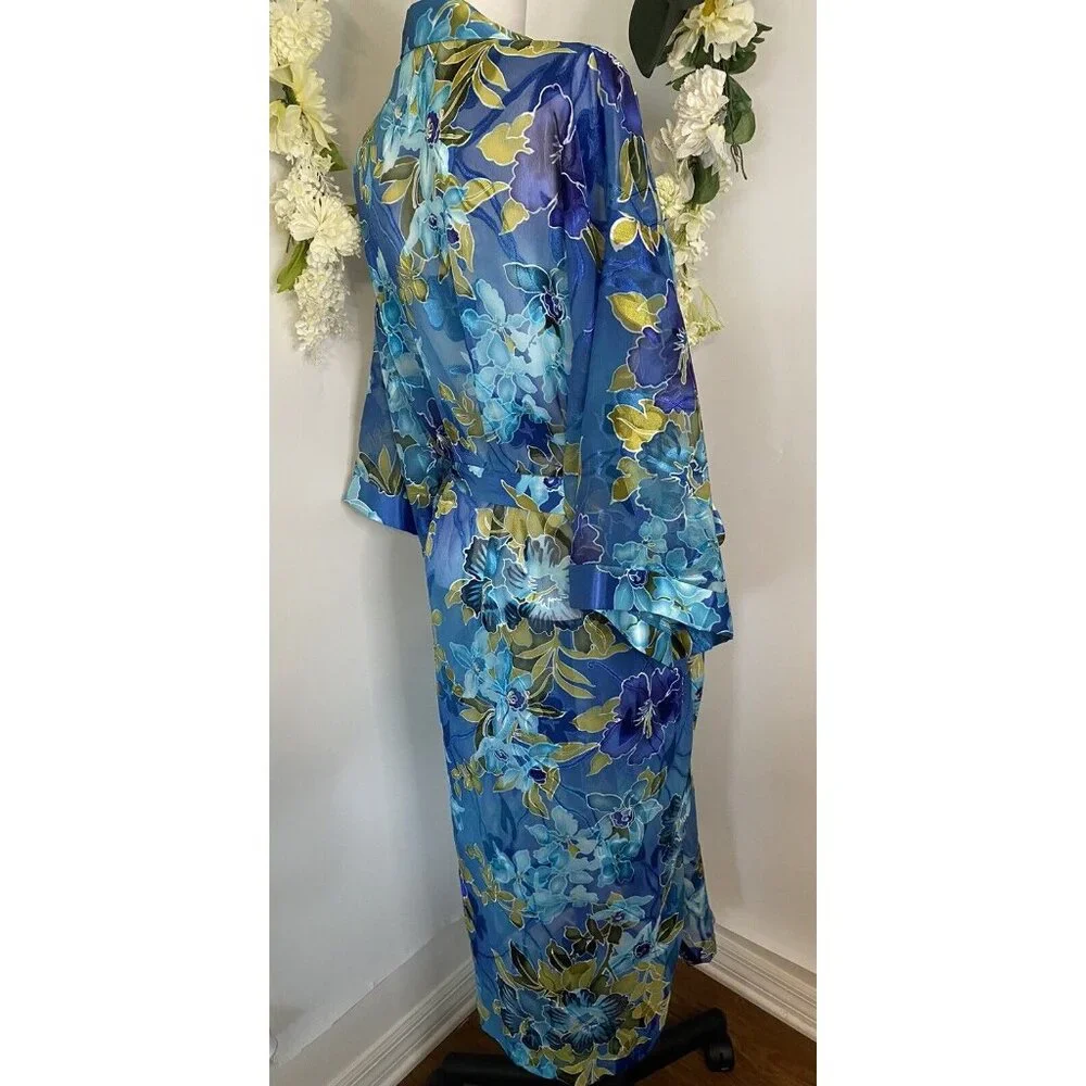 Vintage California Dynasty Blue Semi‎ Sheer Floral Long Robe Medium Pockets EUC
